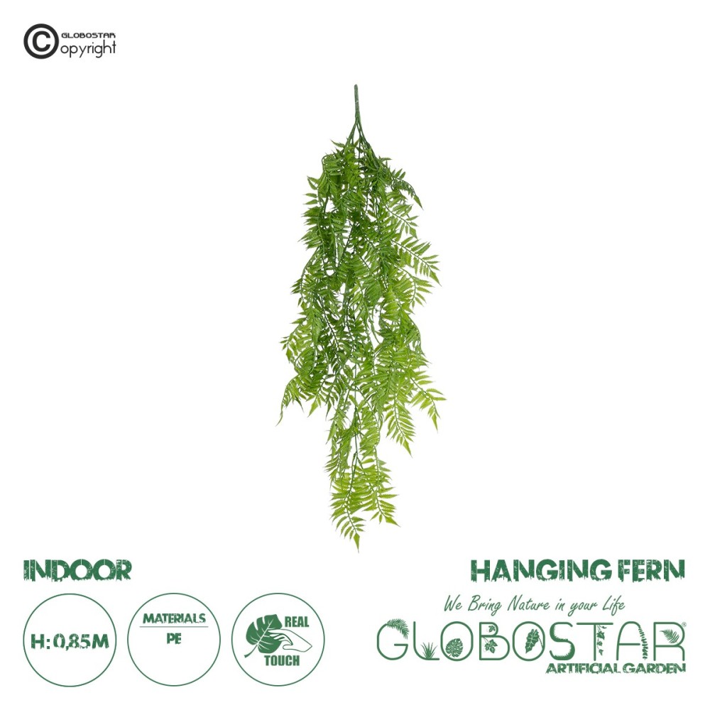 GloboStar® Artificial Garden HANGING FERN 20853 Τεχνητό Διακοσμητικό Κρεμαστό Φυτό Φτέρη Μ30 x Π14 x Υ85cm